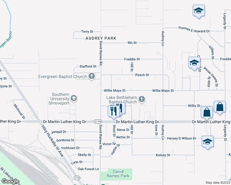 map of restaurants, bars, coffee shops, grocery stores, and more near 2947 Willie Mays Street in Shreveport