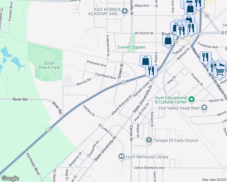 map of restaurants, bars, coffee shops, grocery stores, and more near 702 Green Street in Fort Valley