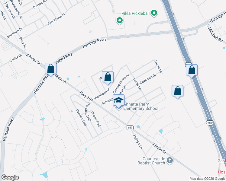 map of restaurants, bars, coffee shops, grocery stores, and more near 1326 Vinewood Drive in Mansfield