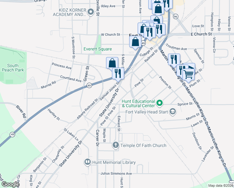 map of restaurants, bars, coffee shops, grocery stores, and more near 413 State University Drive in Fort Valley