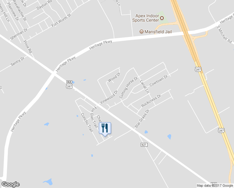 map of restaurants, bars, coffee shops, grocery stores, and more near 1326 Vinewood Drive in Mansfield
