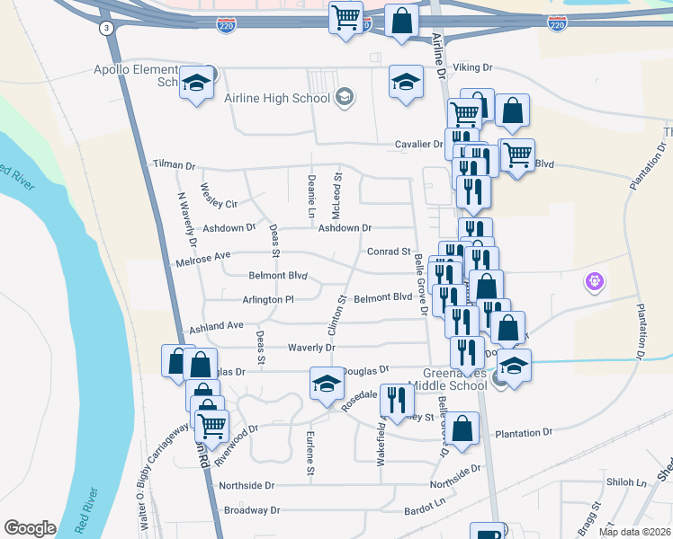 map of restaurants, bars, coffee shops, grocery stores, and more near 2422 Melrose Avenue in Bossier City