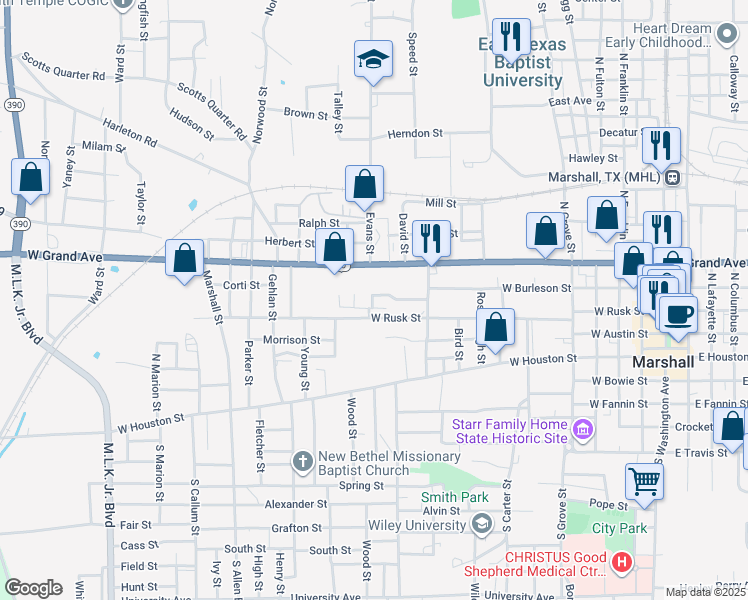 map of restaurants, bars, coffee shops, grocery stores, and more near 1400 Julie Street in Marshall