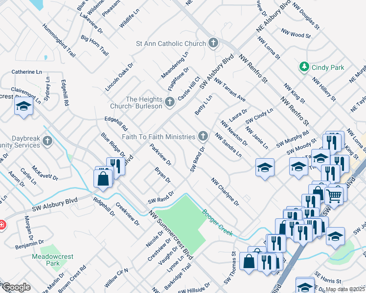 map of restaurants, bars, coffee shops, grocery stores, and more near 732 Northwest Charlyne Drive in Burleson