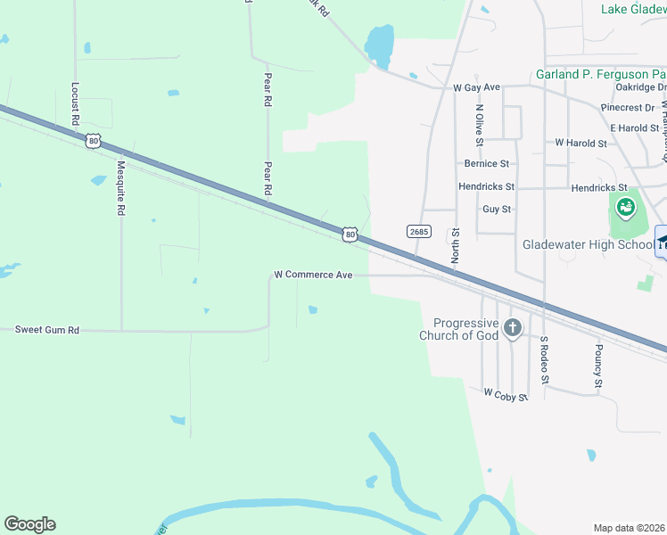 map of restaurants, bars, coffee shops, grocery stores, and more near 4102 West Commerce Avenue in Gladewater