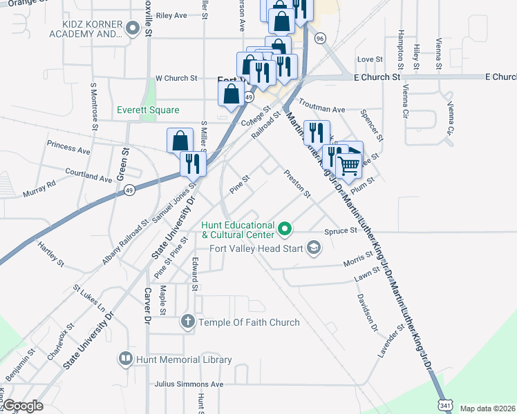 map of restaurants, bars, coffee shops, grocery stores, and more near 213 Allen Street in Fort Valley