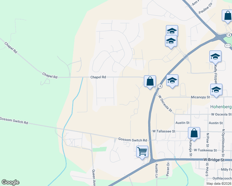 map of restaurants, bars, coffee shops, grocery stores, and more near 459 Chapel Road in Wetumpka