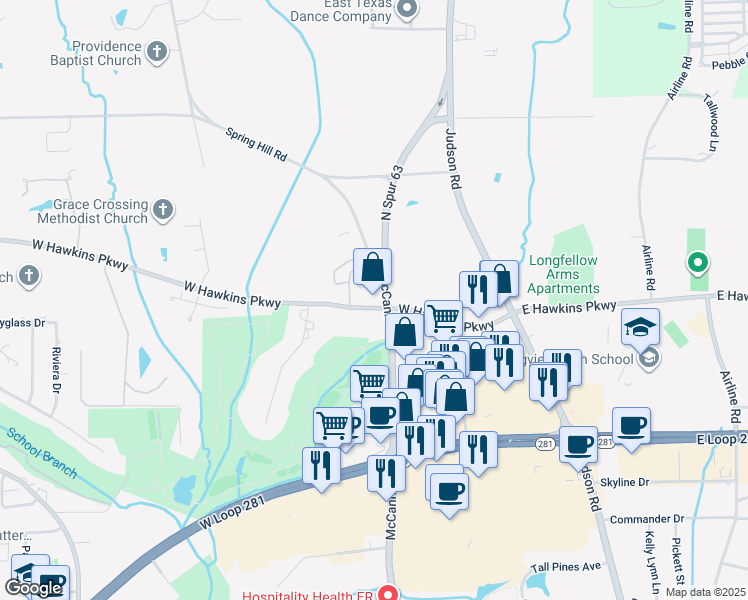 map of restaurants, bars, coffee shops, grocery stores, and more near 401 West Hawkins Parkway in Longview