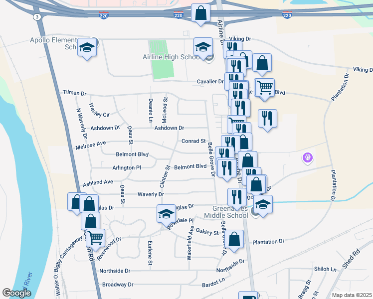 map of restaurants, bars, coffee shops, grocery stores, and more near 2503 Melrose Avenue in Bossier City