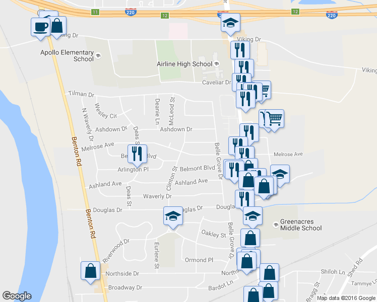 map of restaurants, bars, coffee shops, grocery stores, and more near 2503 Melrose Avenue in Bossier City