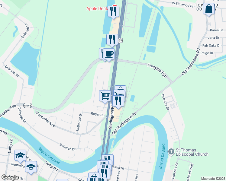 map of restaurants, bars, coffee shops, grocery stores, and more near 2701 Sterlington Road in Monroe