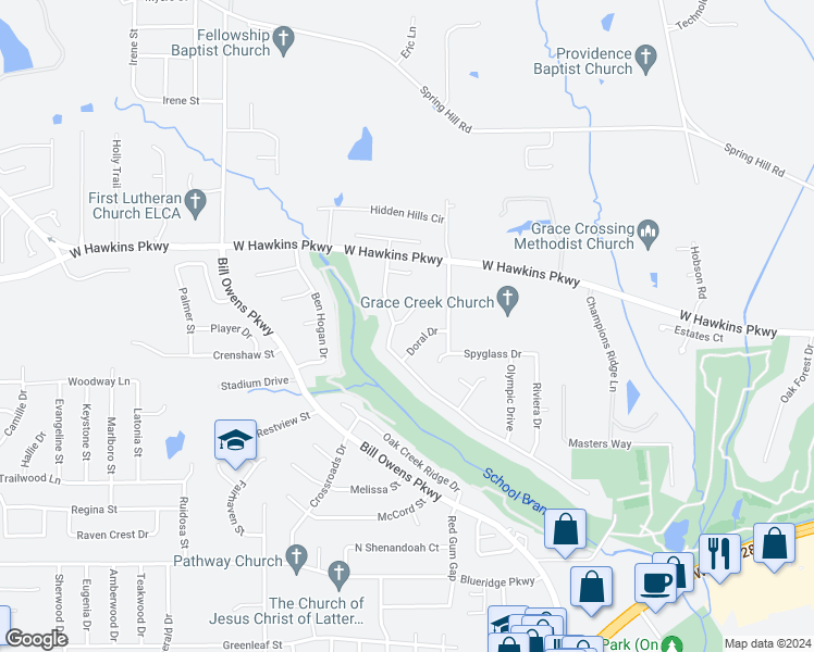 map of restaurants, bars, coffee shops, grocery stores, and more near 1608 Colonial Drive in Longview