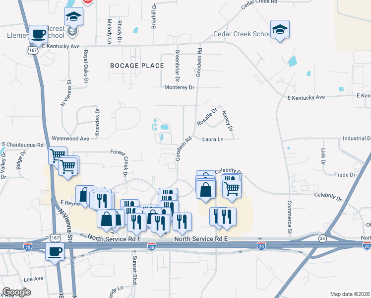 map of restaurants, bars, coffee shops, grocery stores, and more near 1800 Goodwin Road in Ruston