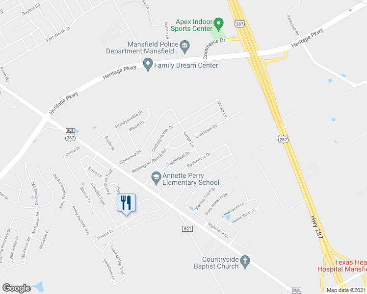 map of restaurants, bars, coffee shops, grocery stores, and more near 1414 Cowtown Drive in Mansfield