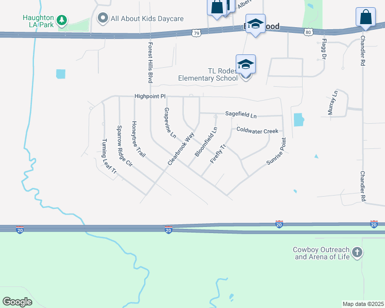 map of restaurants, bars, coffee shops, grocery stores, and more near 2540 Bloomfield Lane in Haughton