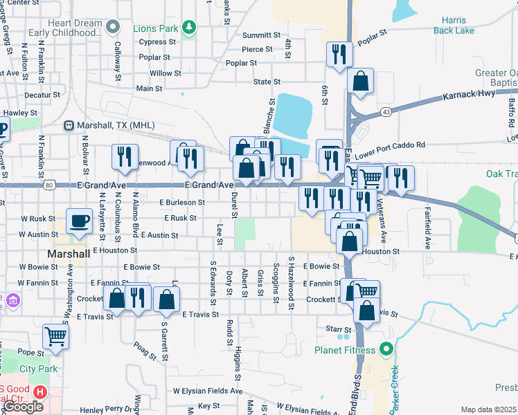 map of restaurants, bars, coffee shops, grocery stores, and more near 1200 East Burleson Street in Marshall