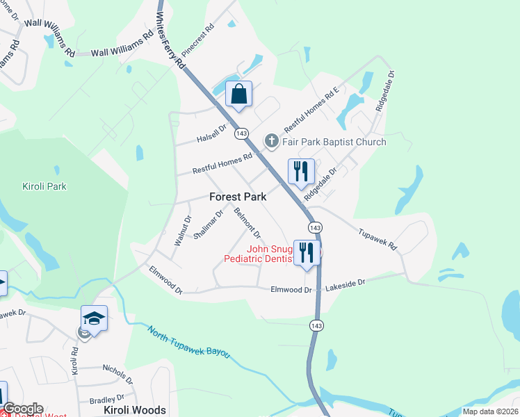 map of restaurants, bars, coffee shops, grocery stores, and more near 321 Shady Oaks Drive in West Monroe