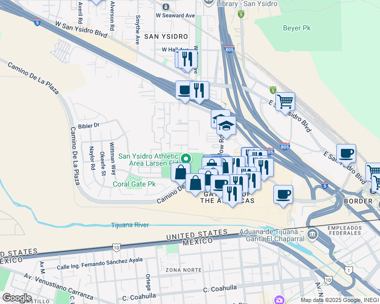 map of restaurants, bars, coffee shops, grocery stores, and more near 412 Sycamore Road in San Diego
