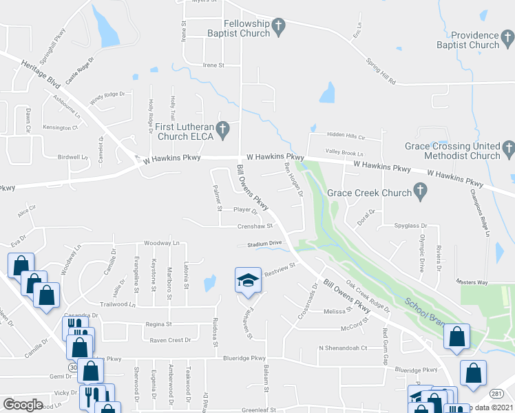 map of restaurants, bars, coffee shops, grocery stores, and more near 3215 Player Drive in Longview