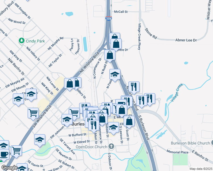 map of restaurants, bars, coffee shops, grocery stores, and more near 321 North Field Street in Burleson