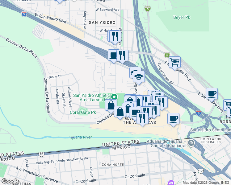 map of restaurants, bars, coffee shops, grocery stores, and more near 412 Sycamore Road in San Diego