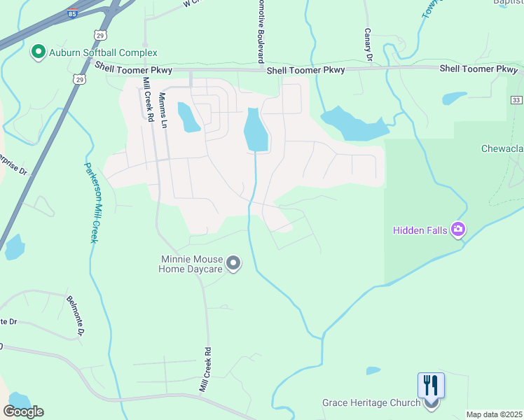 map of restaurants, bars, coffee shops, grocery stores, and more near Rutland Road in Auburn