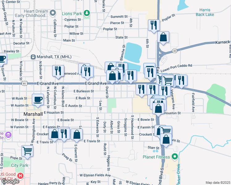 map of restaurants, bars, coffee shops, grocery stores, and more near 1200 East Burleson Street in Marshall