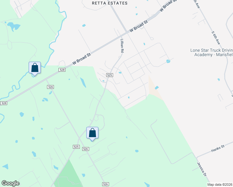 map of restaurants, bars, coffee shops, grocery stores, and more near Woodside Drive in Mansfield