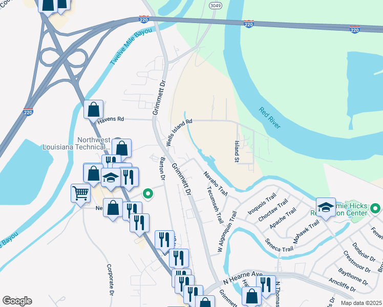 map of restaurants, bars, coffee shops, grocery stores, and more near 1741 Wells Island Road in Shreveport