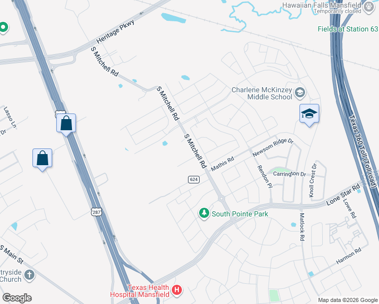 map of restaurants, bars, coffee shops, grocery stores, and more near 1050 South Mitchell Road in Mansfield