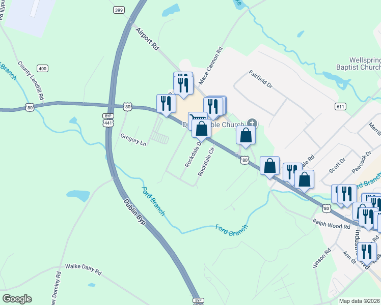 map of restaurants, bars, coffee shops, grocery stores, and more near 1516 Rockdale Drive in Dublin
