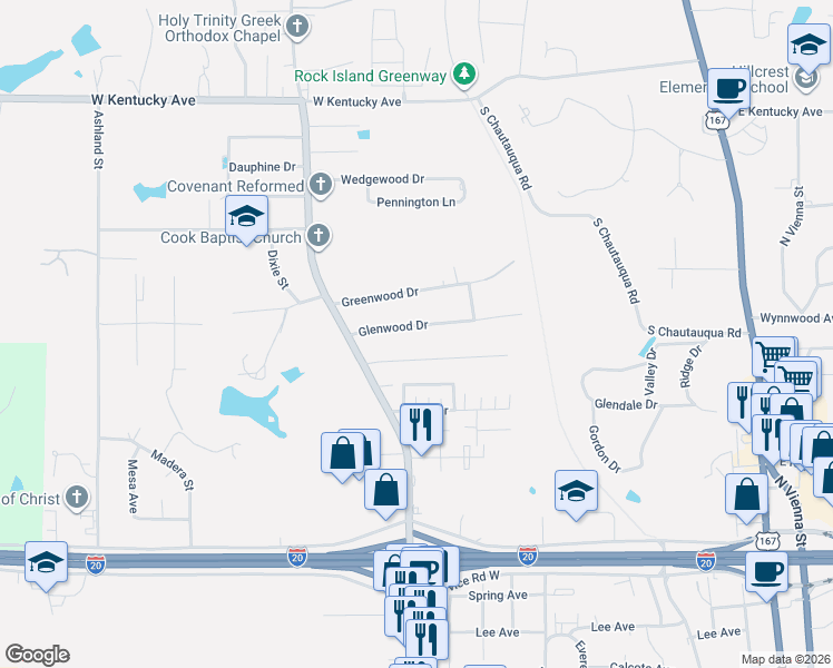 map of restaurants, bars, coffee shops, grocery stores, and more near 1400 Sherwood Drive in Ruston