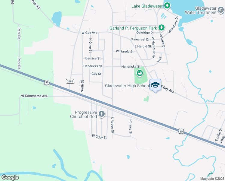 map of restaurants, bars, coffee shops, grocery stores, and more near 400 North Rodeo Street in Gladewater