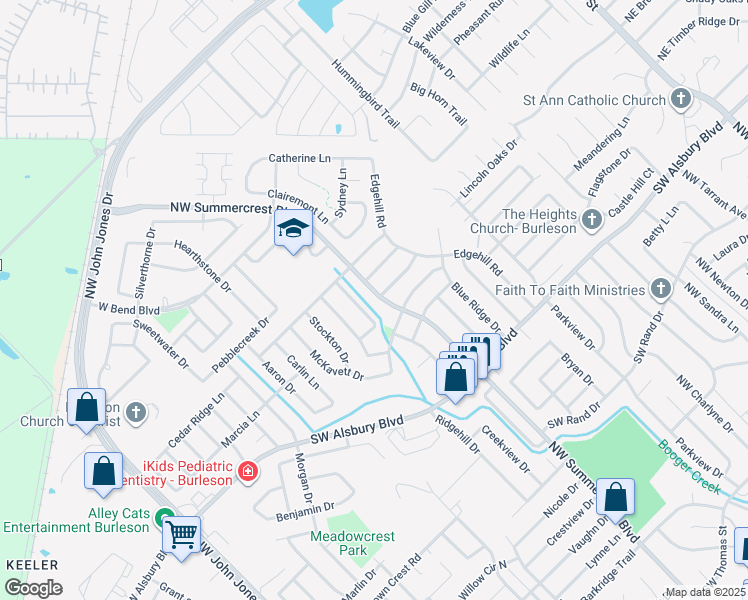 map of restaurants, bars, coffee shops, grocery stores, and more near 933 Northwest Summercrest Boulevard in Burleson