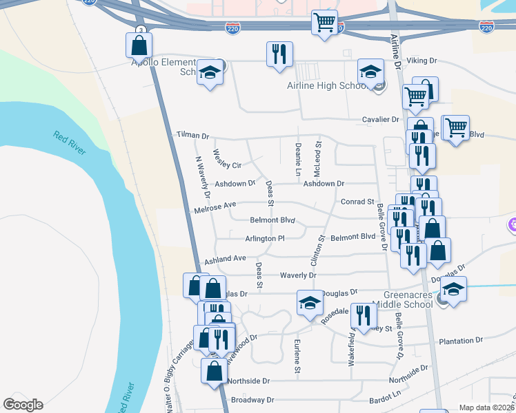 map of restaurants, bars, coffee shops, grocery stores, and more near 2329 Belmont Boulevard in Bossier City