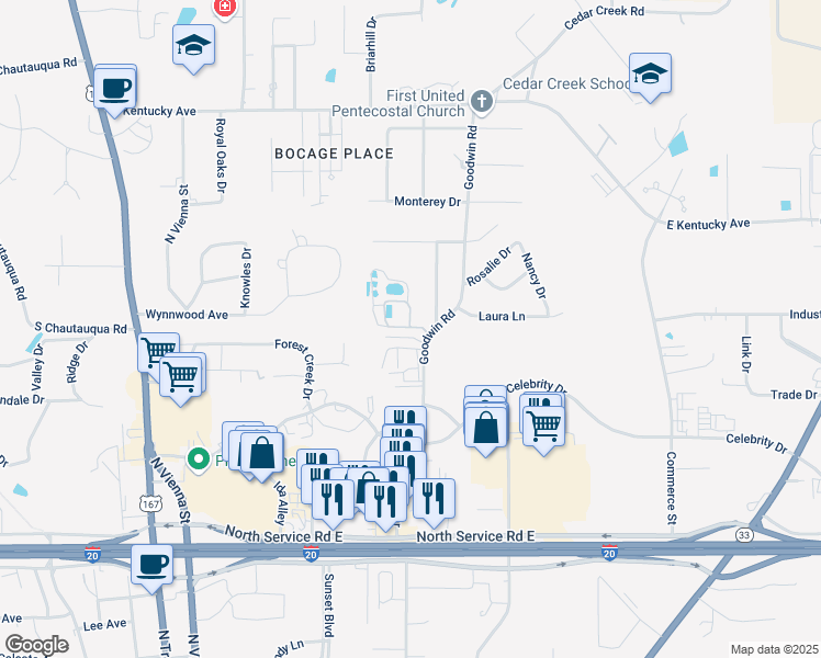 map of restaurants, bars, coffee shops, grocery stores, and more near 1701 Goodwin Road in Ruston