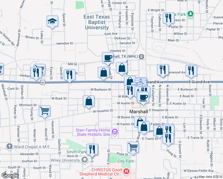 map of restaurants, bars, coffee shops, grocery stores, and more near 398 N Grove St in Marshall