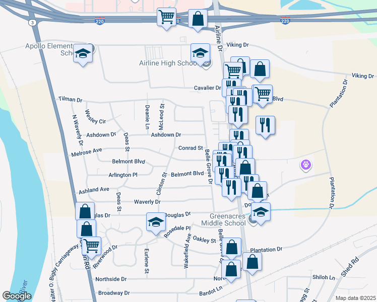 map of restaurants, bars, coffee shops, grocery stores, and more near 2517 Melrose Avenue in Bossier City