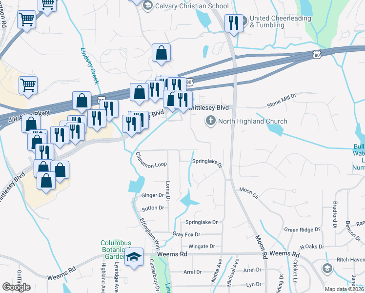 map of restaurants, bars, coffee shops, grocery stores, and more near 6908 Raintree Drive in Columbus