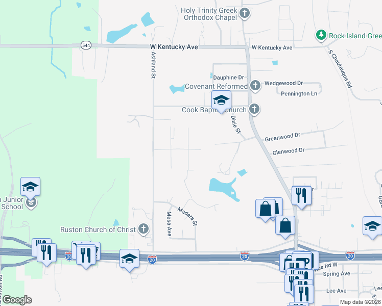 map of restaurants, bars, coffee shops, grocery stores, and more near 1703-1799 Corley Street in Ruston