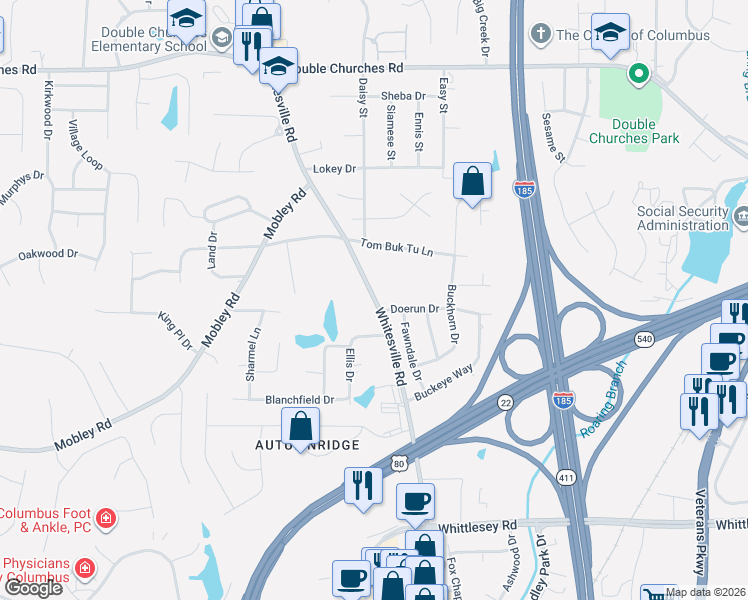 map of restaurants, bars, coffee shops, grocery stores, and more near 7003 Whitesville Road in Columbus