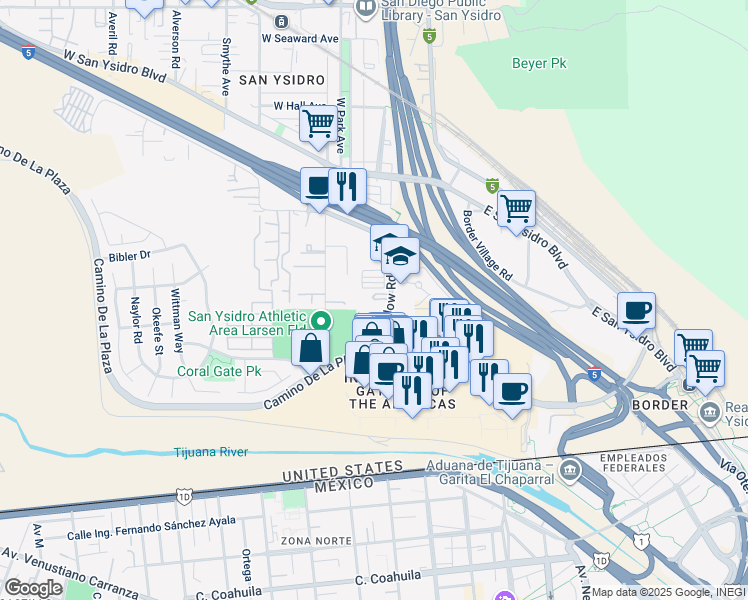 map of restaurants, bars, coffee shops, grocery stores, and more near 4114 Camino De La Plaza in San Diego