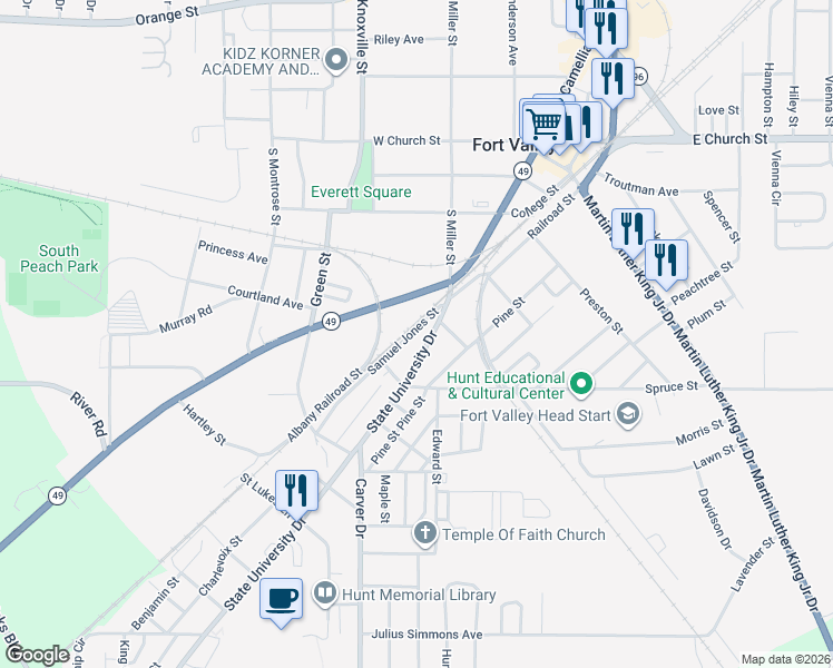 map of restaurants, bars, coffee shops, grocery stores, and more near 413 State University Drive in Fort Valley