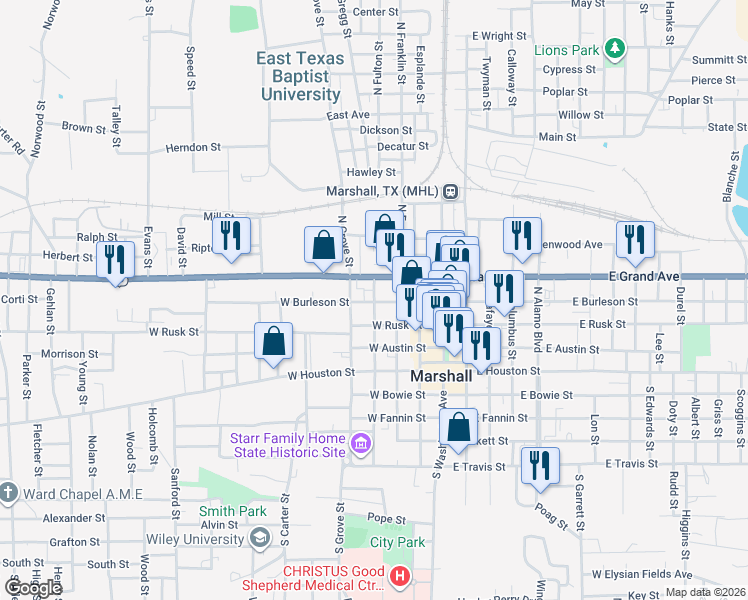 map of restaurants, bars, coffee shops, grocery stores, and more near 300-398 North Grove Street in Marshall