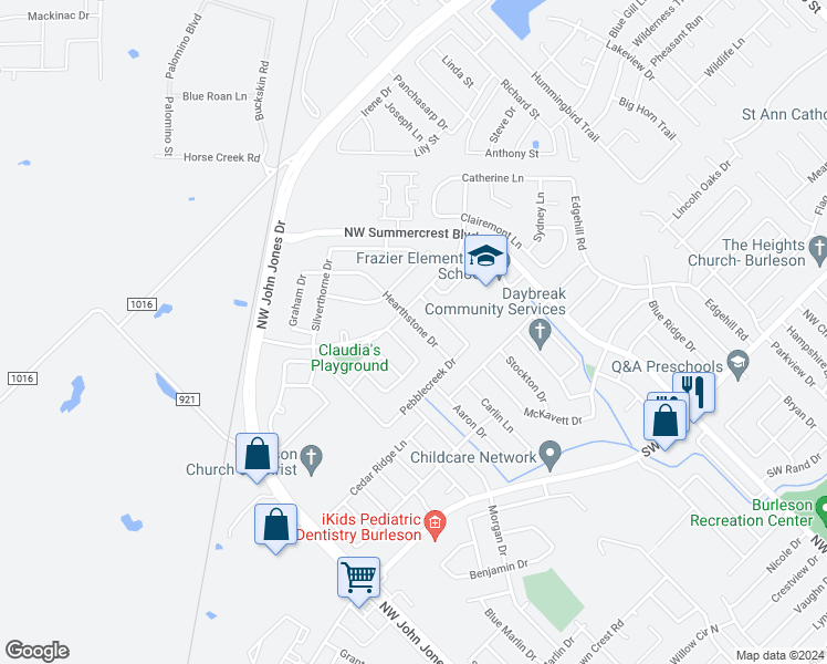 map of restaurants, bars, coffee shops, grocery stores, and more near 1133 Hearthstone Drive in Burleson