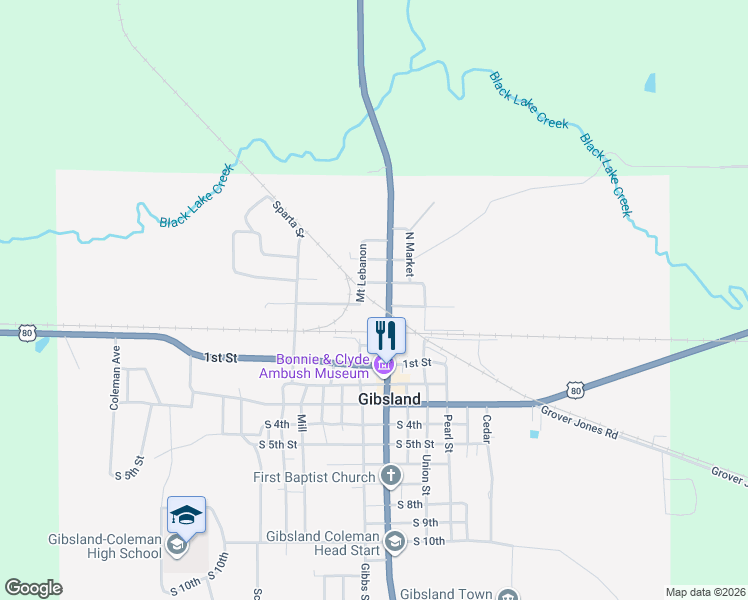 map of restaurants, bars, coffee shops, grocery stores, and more near 2520 Mount Lebanon in Gibsland