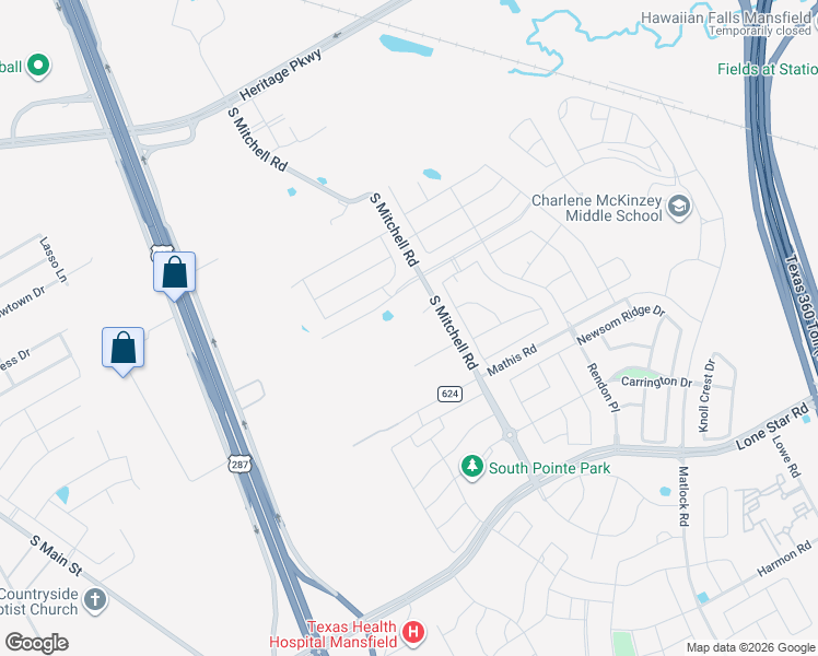 map of restaurants, bars, coffee shops, grocery stores, and more near 1050 South Mitchell Road in Mansfield