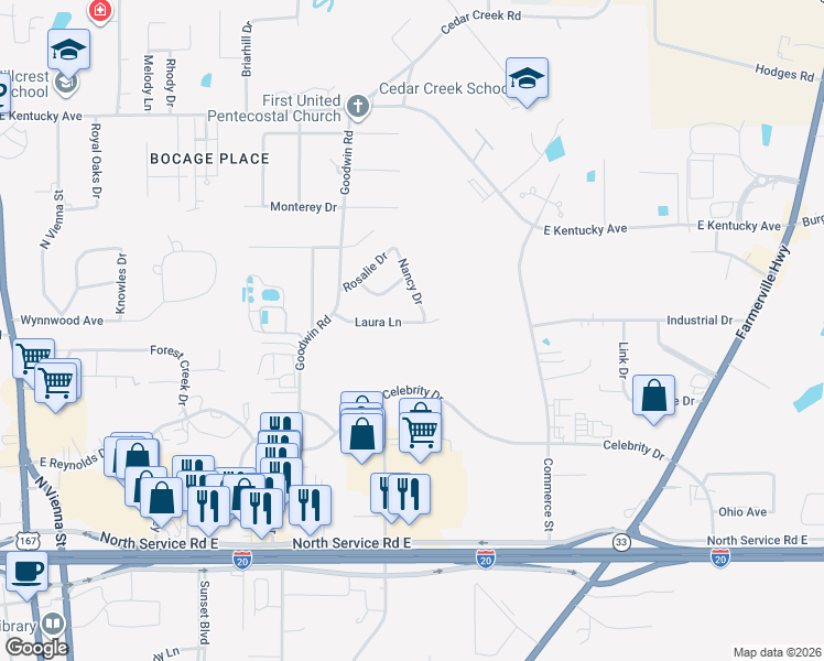 map of restaurants, bars, coffee shops, grocery stores, and more near 900 Laura Lane in Ruston