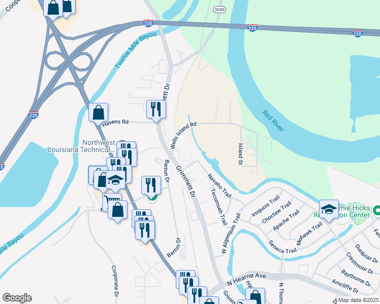 map of restaurants, bars, coffee shops, grocery stores, and more near 1741 Wells Island Road in Shreveport