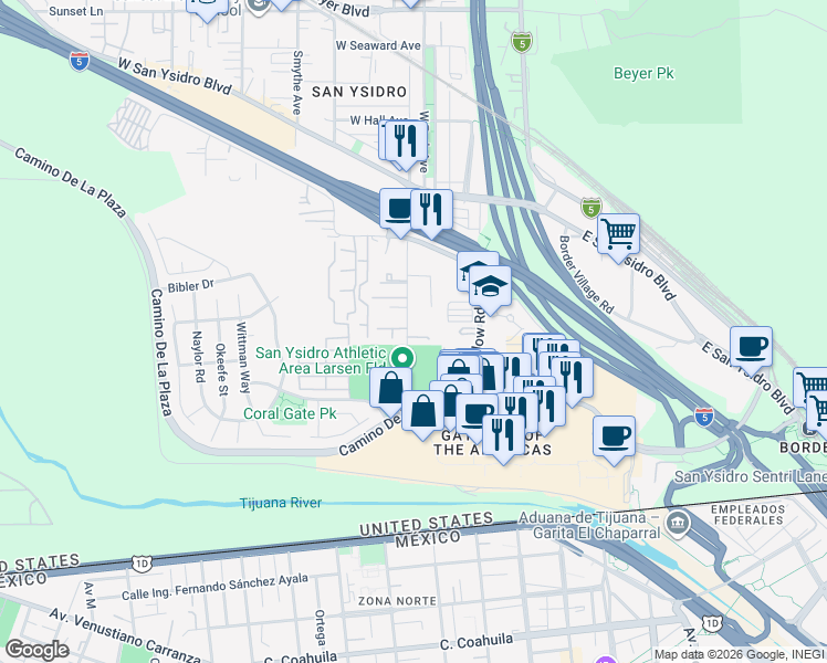 map of restaurants, bars, coffee shops, grocery stores, and more near 412 Sycamore Road in San Diego